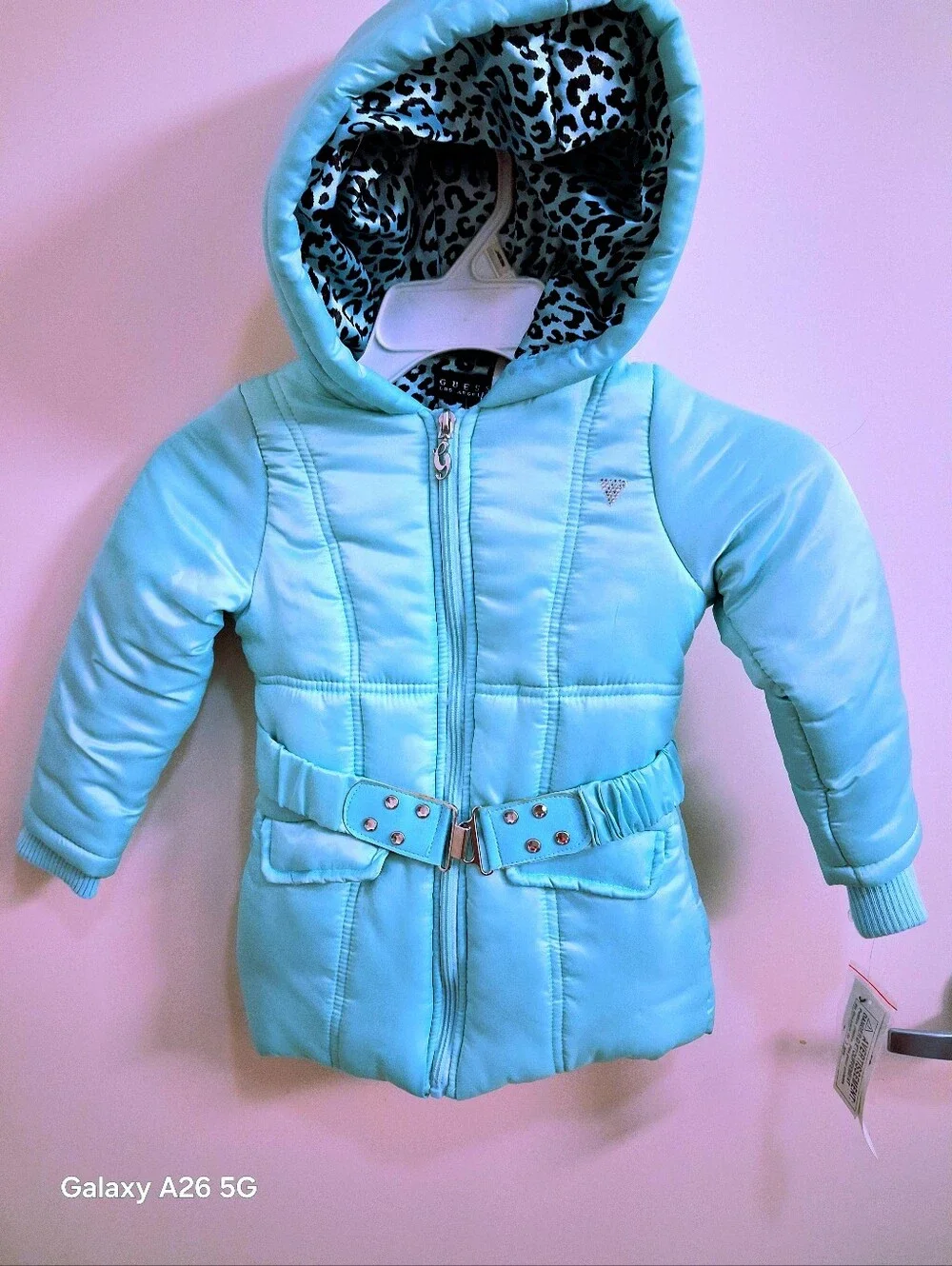 NWT Guess Los Angeles Evelyn Matte Hooded Puffer Mint Green Jacker Size 4T